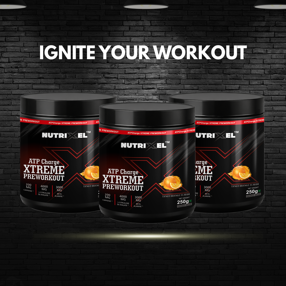 Nutrixel ATPCharge Xtreme Pre-Workout Combo – 3 × 250g | 200mg Caffeine | 4000mg Citrulline Malate | 3000mg Beta-Alanine | Tangy Orange