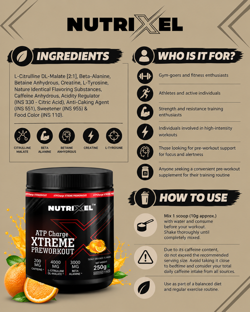 Nutrixel ATPCharge XTREME Pre-Workout – High-Performance Pre-Workout | 4000mg L-Citrulline | 3000mg Beta-Alanine | 200mg Caffeine | 500mg L-Tyrosine | Tangy Orange | 250g
