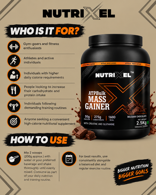 Nutrixel ATPBulk Mass Gainer – High-Calorie Weight Gainer | 25g Protein | 3g Creatine | 1g Glutamine | Belgian Chocolate | 2.5kg