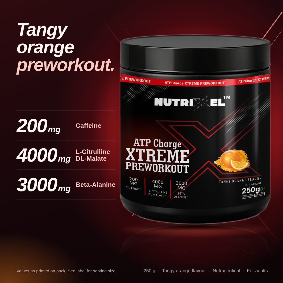Nutrixel ATPCharge XTREME Pre-Workout – High-Performance Pre-Workout | 4000mg L-Citrulline | 3000mg Beta-Alanine | 200mg Caffeine | 500mg L-Tyrosine | Tangy Orange | 250g