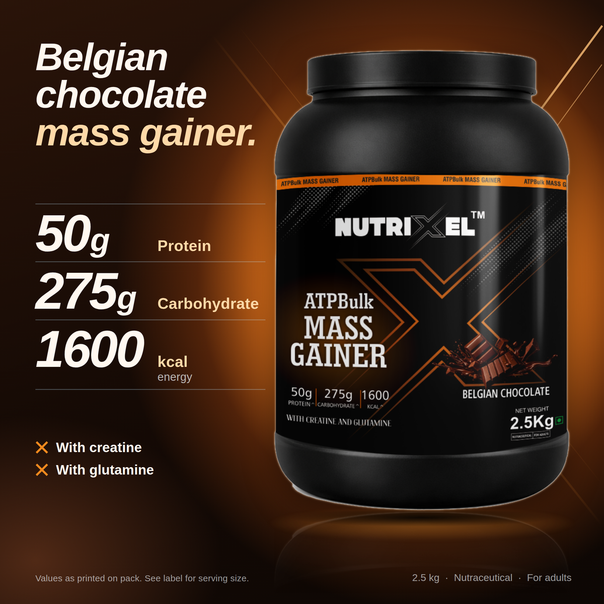 Nutrixel ATPBulk Mass Gainer – High-Calorie Weight Gainer | 25g Protein | 3g Creatine | 1g Glutamine | Belgian Chocolate | 2.5kg