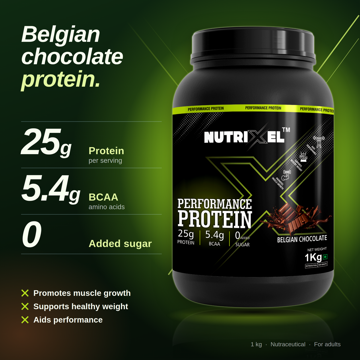Nutrixel Performance Protein – Gut-Friendly Protein | 25g Protein | 5.4g BCAA | Belgian Chocolate | 1kg
